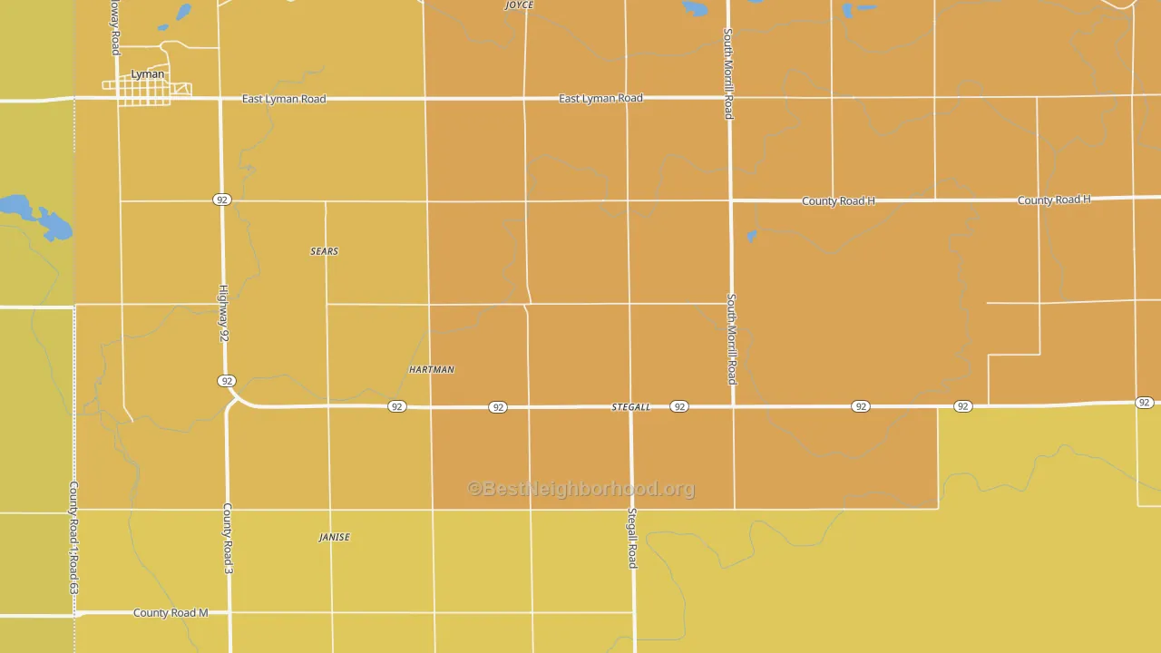 Map of the best neighborhoods in the Stegall area, with better matches in green and worse matches in red