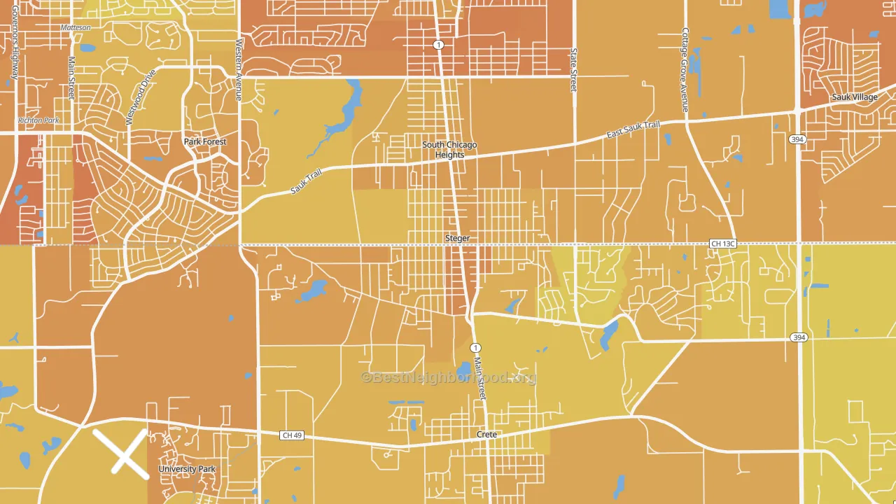 Map of the best neighborhoods in the Steger area, with better matches in green and worse matches in red