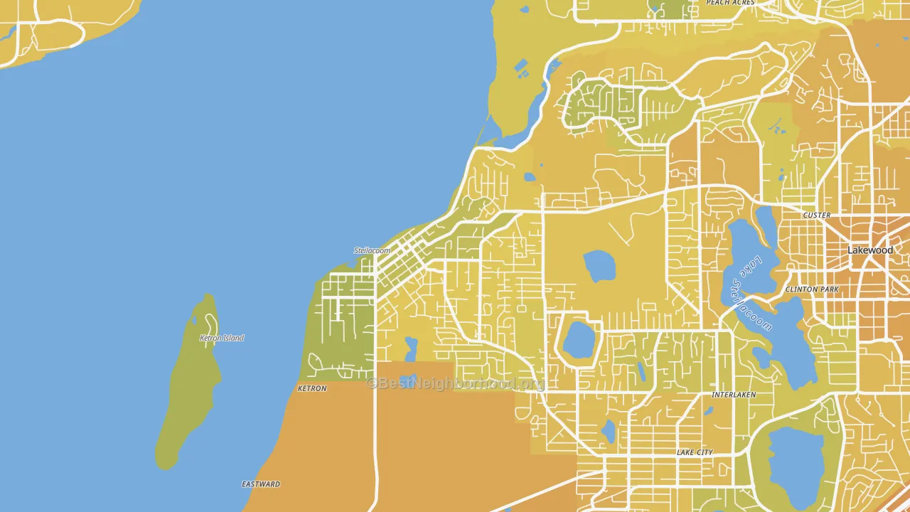 Map of the best neighborhoods in the Steilacoom area, with better matches in green and worse matches in red