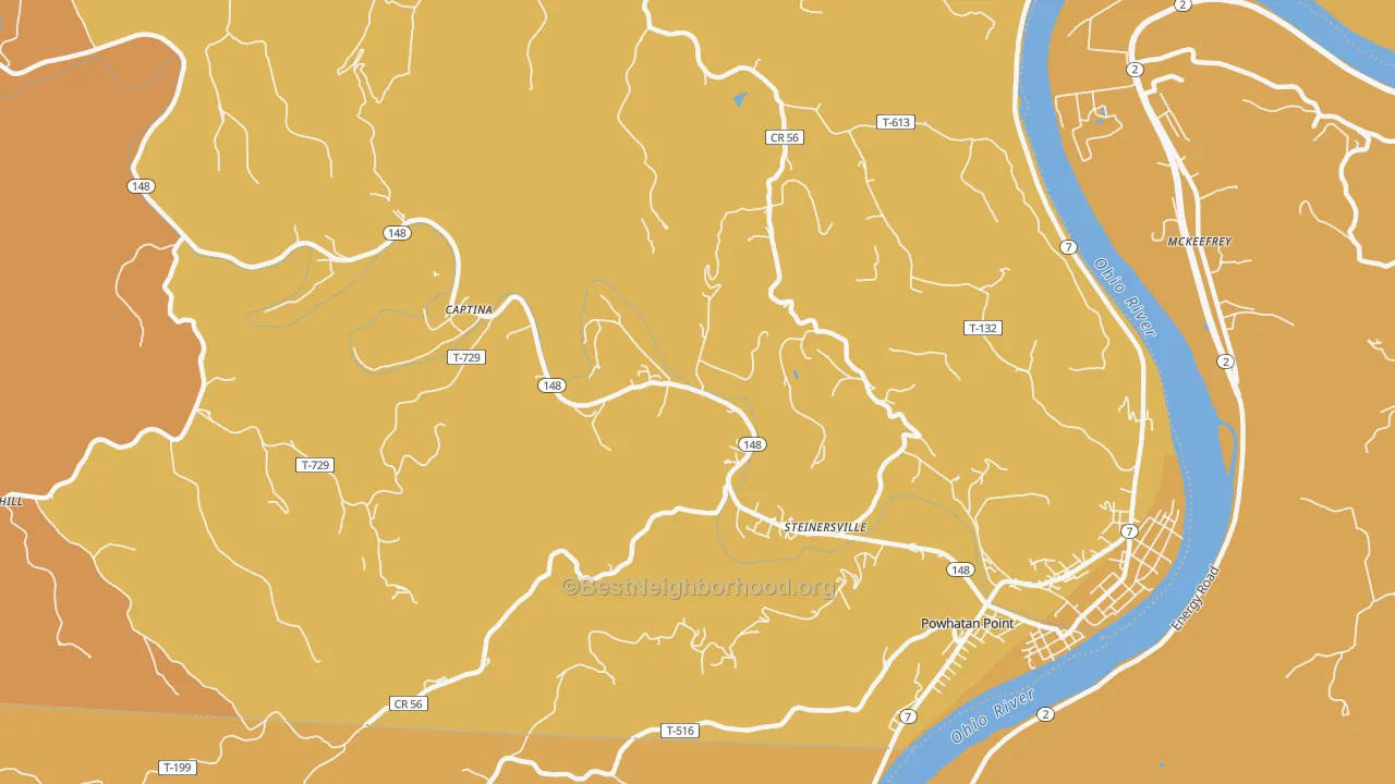 Map of the best neighborhoods in the Steinersville area, with better matches in green and worse matches in red