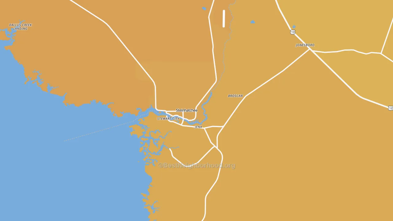 Map of the best neighborhoods in the Steinhatchee area, with better matches in green and worse matches in red