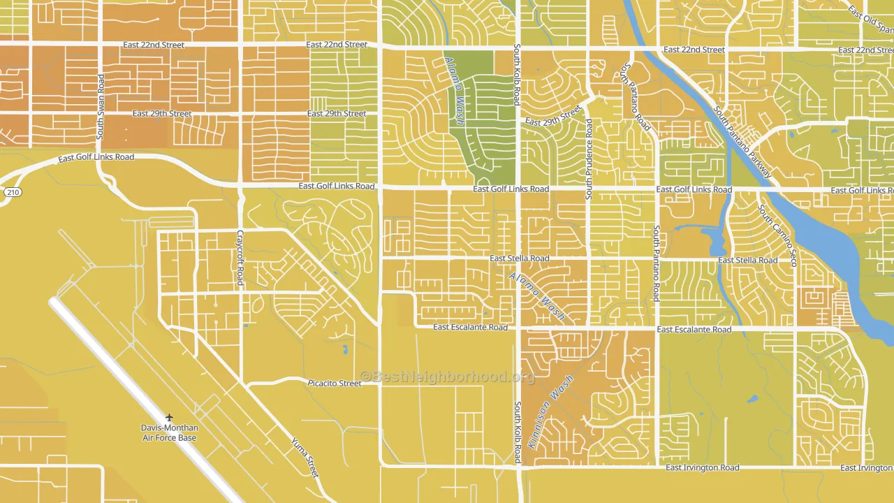 Map of the best neighborhoods in the Stella Mann, Tucson area, with better matches in green and worse matches in red
