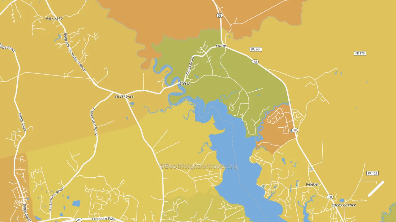 Map of the best neighborhoods in the Stella area, with better matches in green and worse matches in red