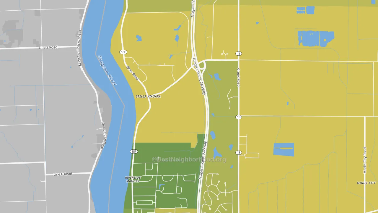 Map of the best neighborhoods in the Stella Niagara area, with better matches in green and worse matches in red