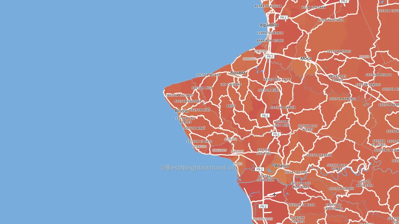 Map of the best neighborhoods in the Stella Rincon area, with better matches in green and worse matches in red