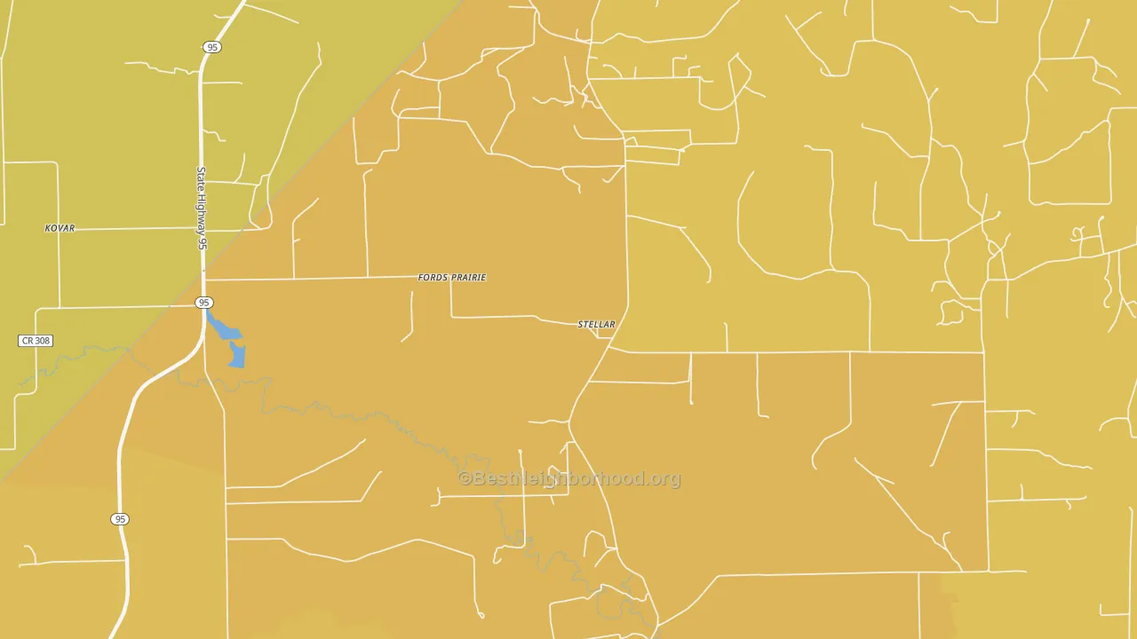 Map of the best neighborhoods in the Stellar area, with better matches in green and worse matches in red