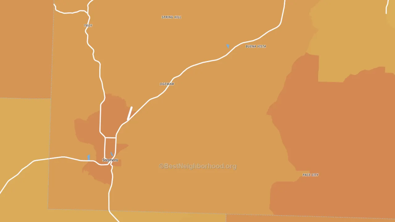 Map of the best neighborhoods in the Stephens area, with better matches in green and worse matches in red