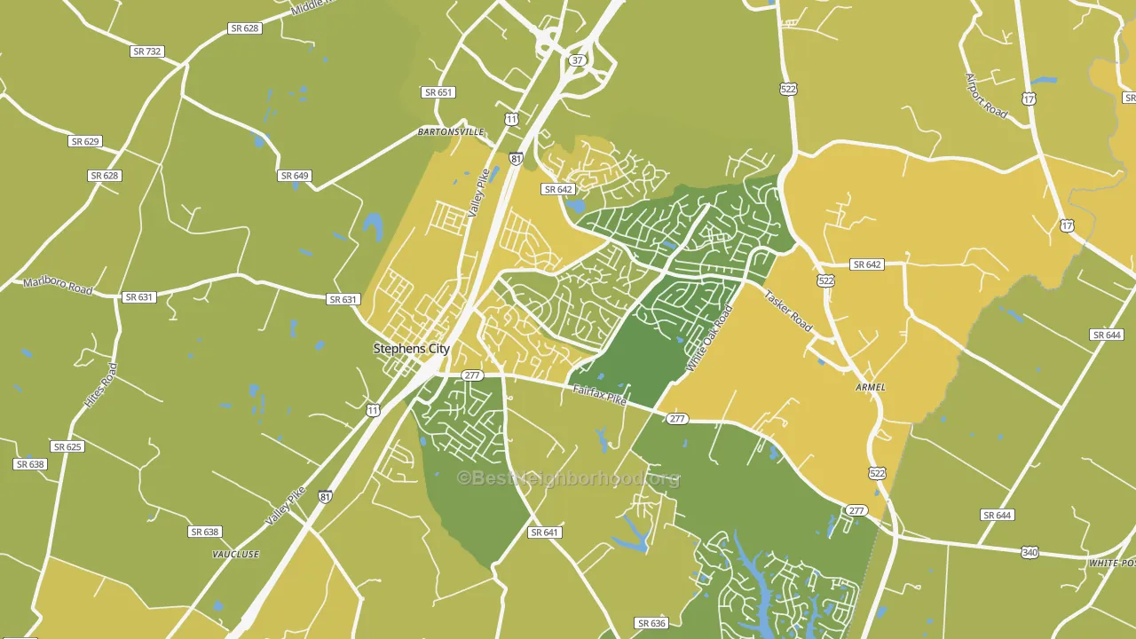 Map of the best neighborhoods in the Stephens City area, with better matches in green and worse matches in red