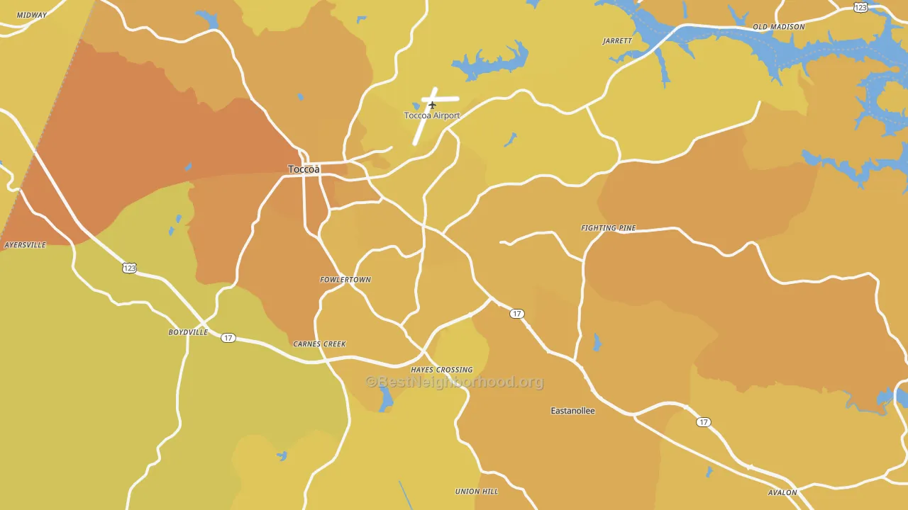 Map of the best neighborhoods in the Stephens County area, with better matches in green and worse matches in red