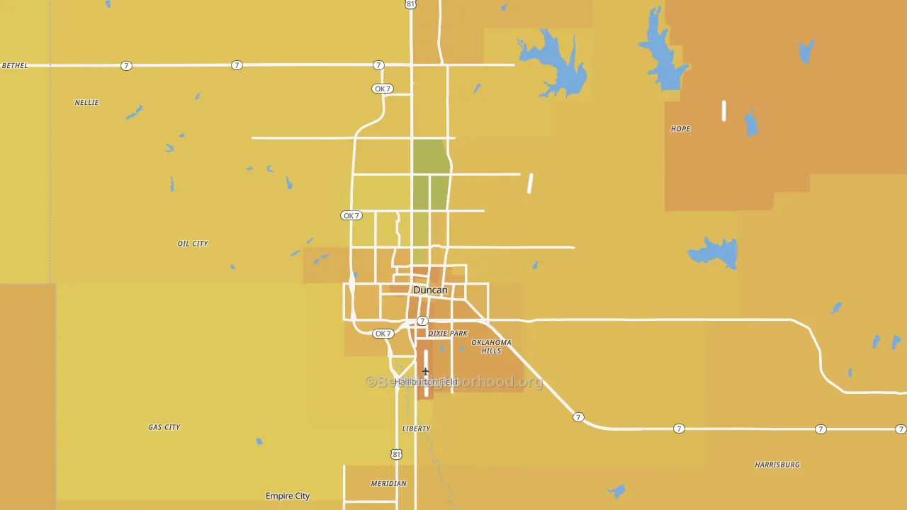 Map of the best neighborhoods in the Stephens County area, with better matches in green and worse matches in red