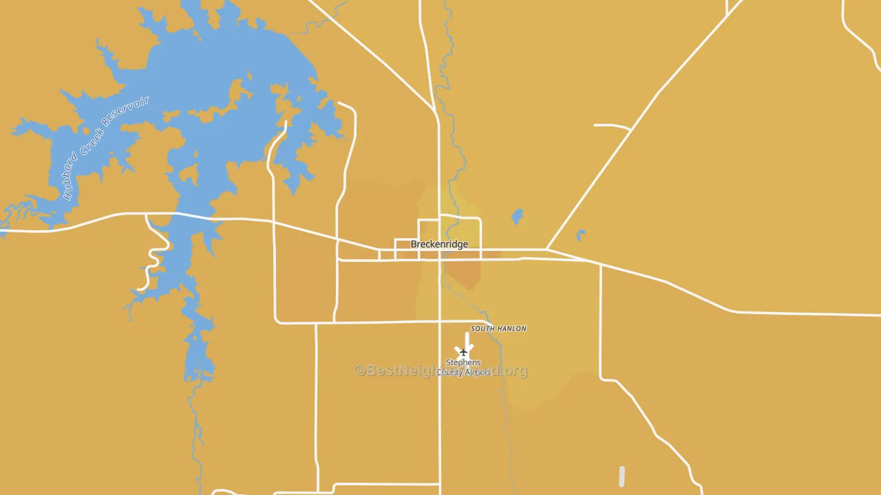 Map of the best neighborhoods in the Stephens County area, with better matches in green and worse matches in red