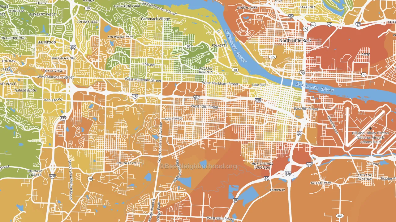Map of the best neighborhoods in the Stephens, Little Rock area, with better matches in green and worse matches in red