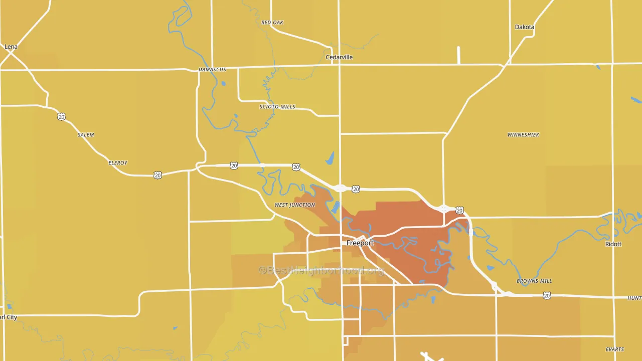 Map of the best neighborhoods in the Stephenson County area, with better matches in green and worse matches in red