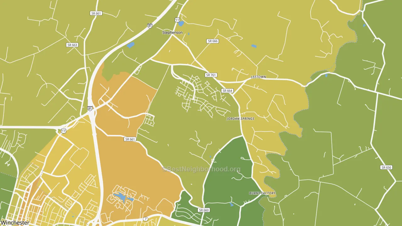 Map of the best neighborhoods in the Stephenson area, with better matches in green and worse matches in red