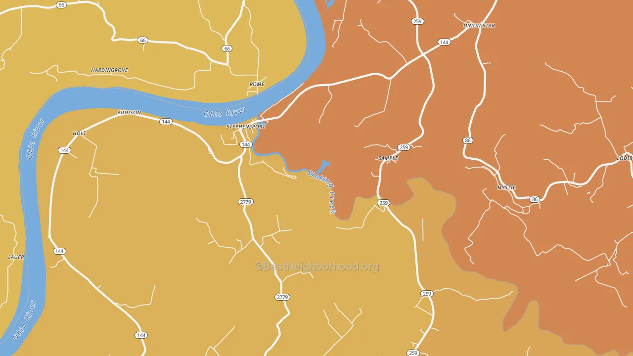 Map of the best neighborhoods in the Stephensport area, with better matches in green and worse matches in red