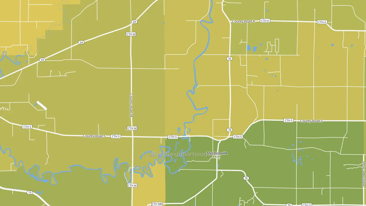 Map of the best neighborhoods in the Stephensville area, with better matches in green and worse matches in red