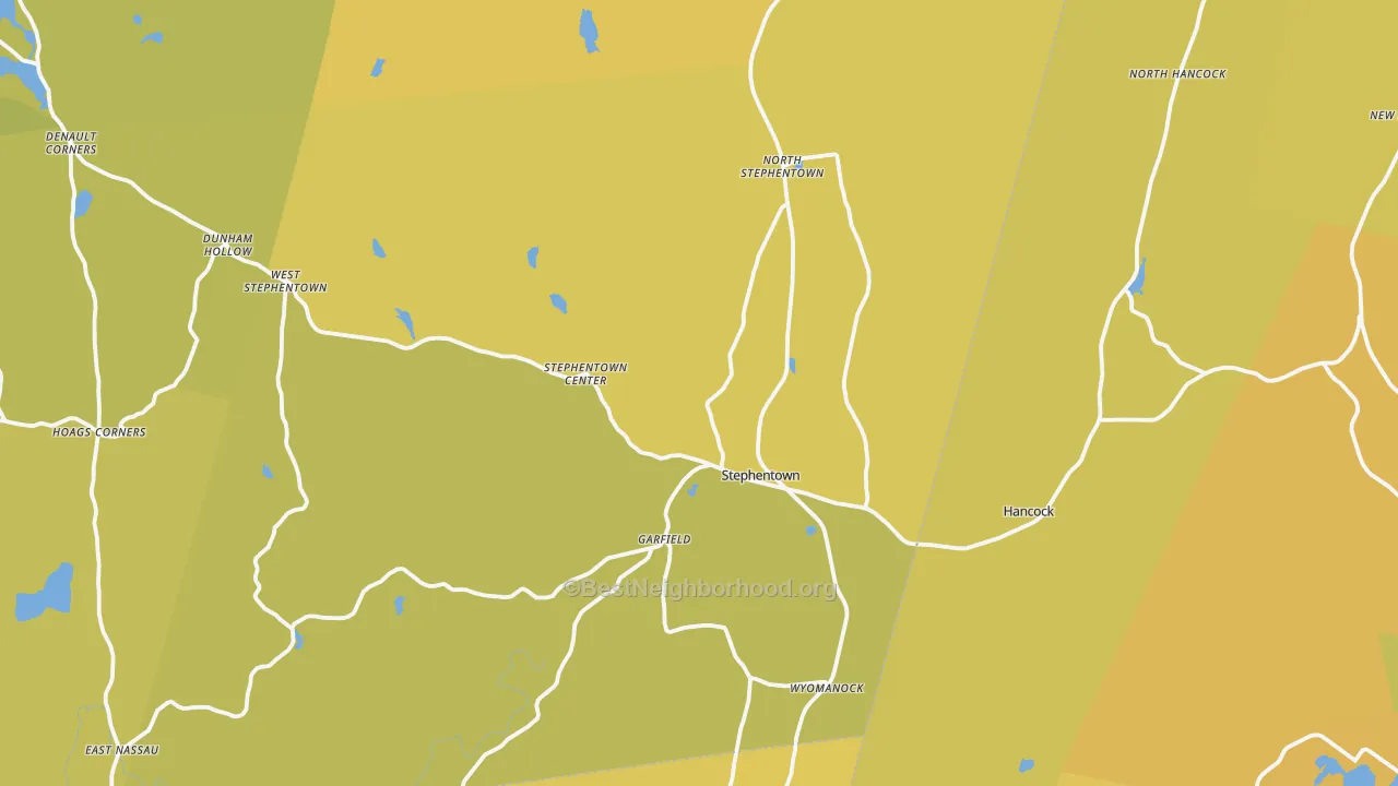 Map of the best neighborhoods in the Stephentown area, with better matches in green and worse matches in red