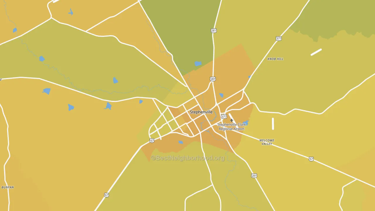Map of the best neighborhoods in the Stephenville area, with better matches in green and worse matches in red