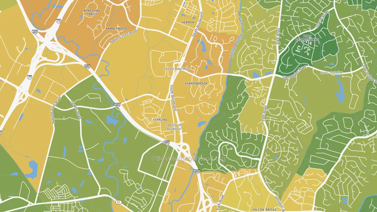 Map of the best neighborhoods in the Sterling, Charlotte area, with better matches in green and worse matches in red