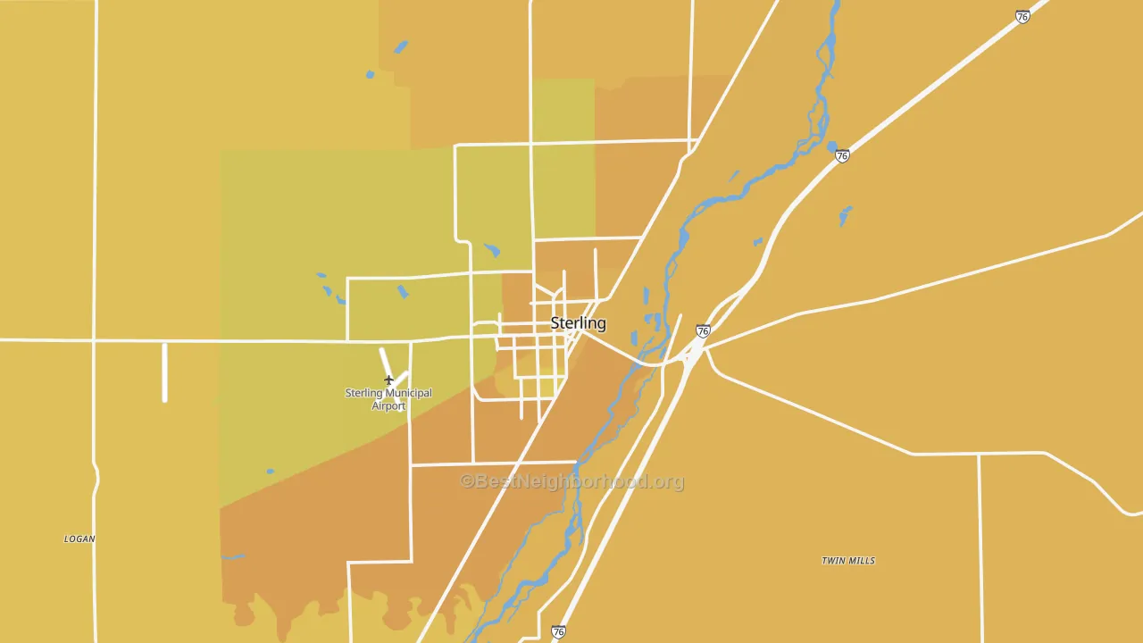 Map of the best neighborhoods in the Sterling area, with better matches in green and worse matches in red