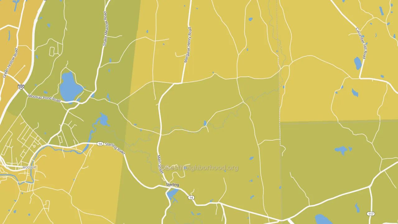 Map of the best neighborhoods in the Sterling area, with better matches in green and worse matches in red