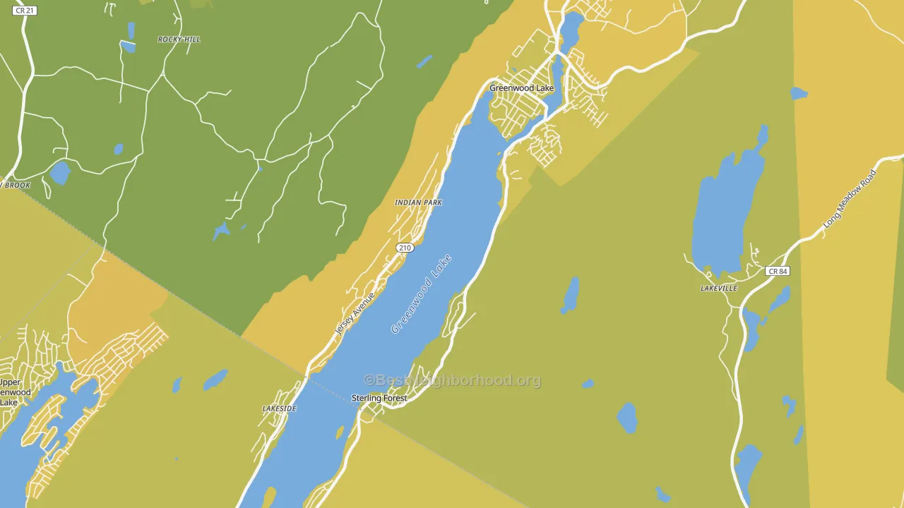 Map of the best neighborhoods in the Sterling Forest area, with better matches in green and worse matches in red