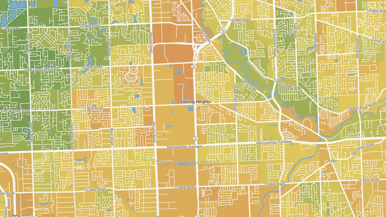 Map of the best neighborhoods in the Sterling Heights area, with better matches in green and worse matches in red