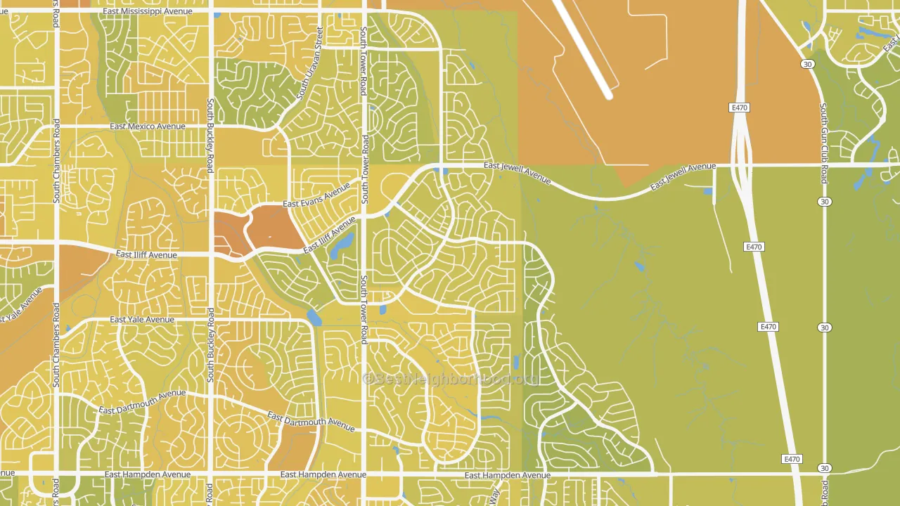 Map of the best neighborhoods in the Sterling Hills, Aurora area, with better matches in green and worse matches in red