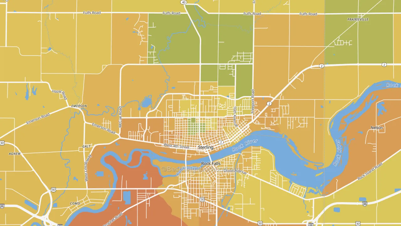 Map of the best neighborhoods in the Sterling area, with better matches in green and worse matches in red