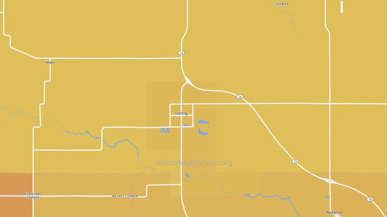 Map of the best neighborhoods in the Sterling area, with better matches in green and worse matches in red