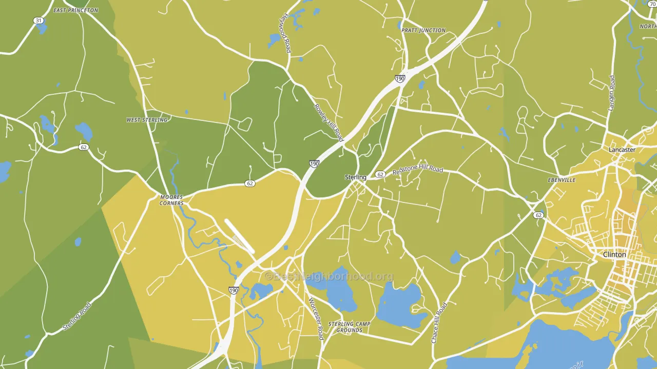 Map of the best neighborhoods in the Sterling area, with better matches in green and worse matches in red