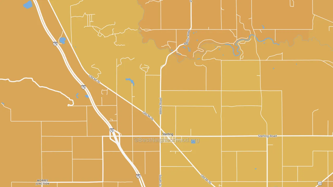 Map of the best neighborhoods in the Sterling area, with better matches in green and worse matches in red