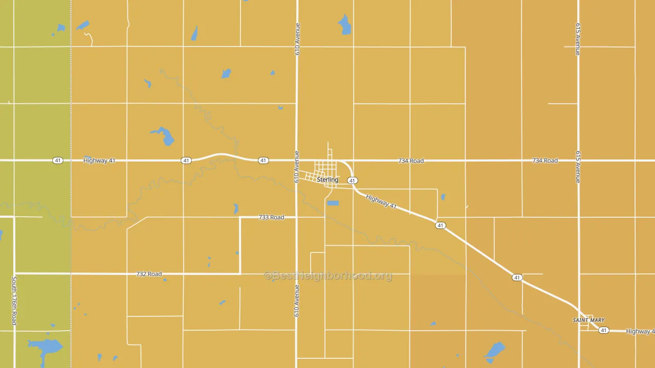 Map of the best neighborhoods in the Sterling area, with better matches in green and worse matches in red