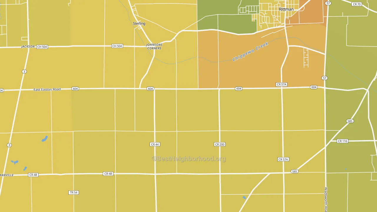 Map of the best neighborhoods in the Sterling area, with better matches in green and worse matches in red