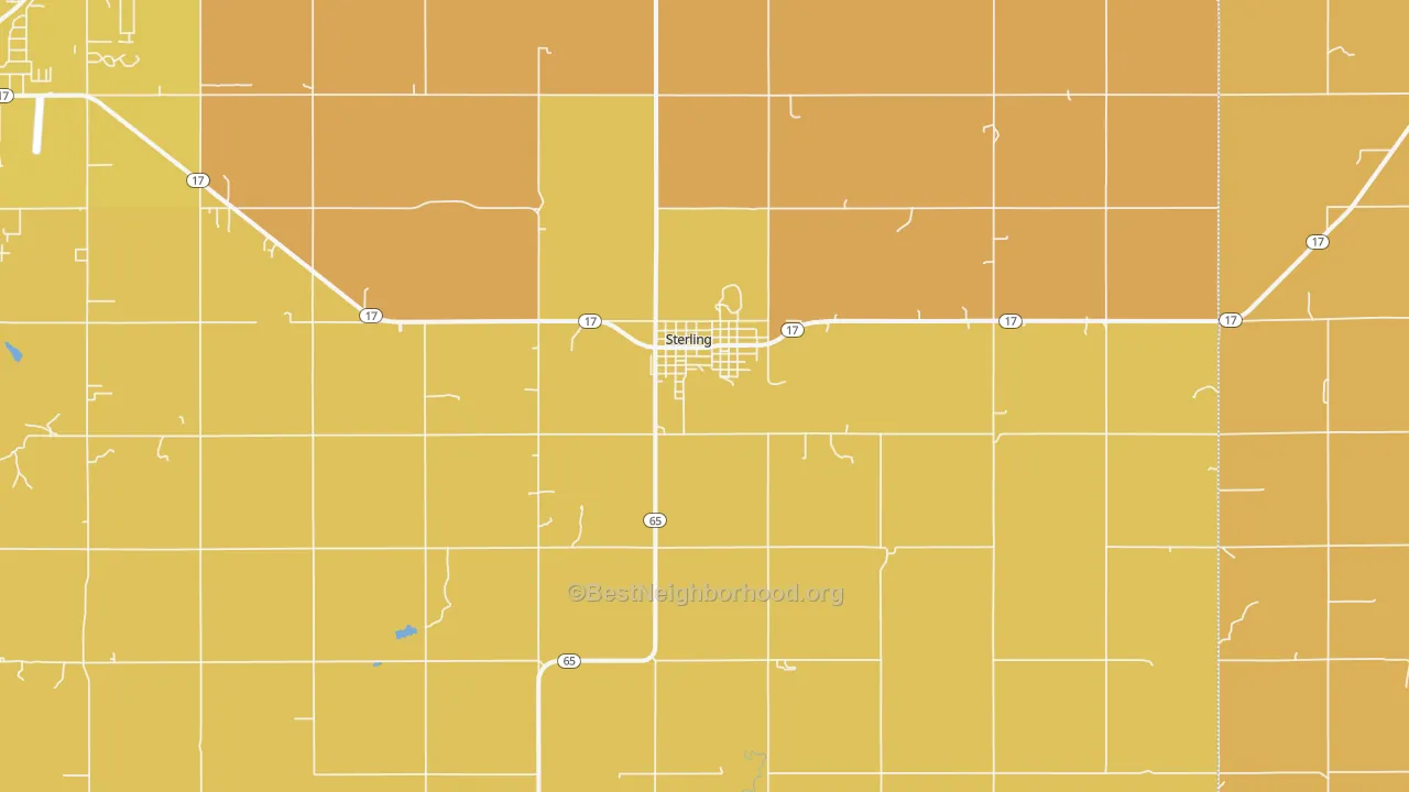 Map of the best neighborhoods in the Sterling area, with better matches in green and worse matches in red