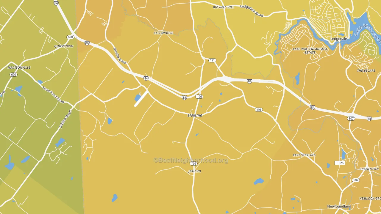 Map of the best neighborhoods in the Sterling area, with better matches in green and worse matches in red