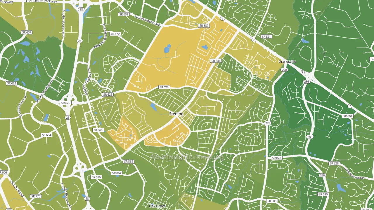 Map of the best neighborhoods in the Sterling Park, Sterling area, with better matches in green and worse matches in red