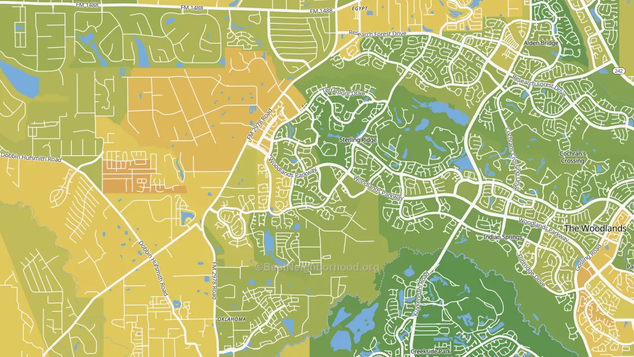Map of the best neighborhoods in the Sterling Ridge, The Woodlands area, with better matches in green and worse matches in red