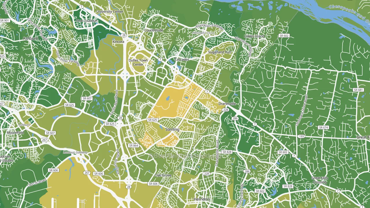 Map of the best neighborhoods in the Sterling area, with better matches in green and worse matches in red