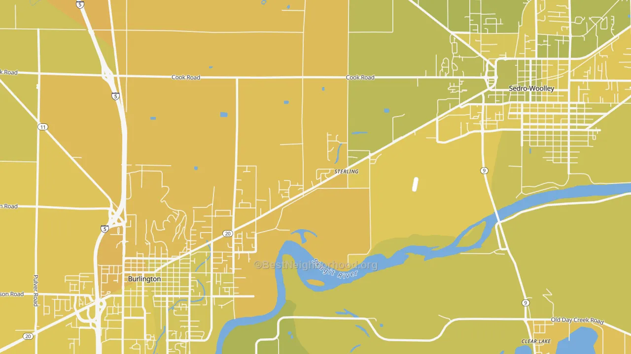 Map of the best neighborhoods in the Sterling area, with better matches in green and worse matches in red