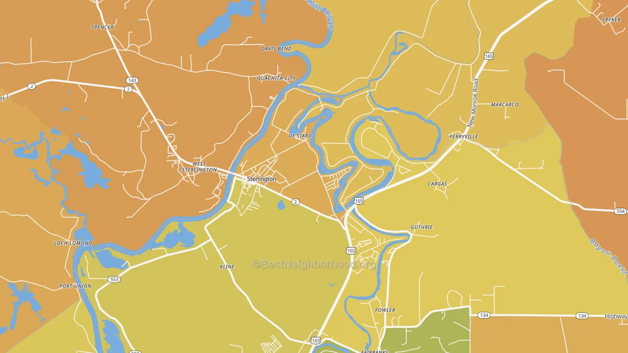 Map of the best neighborhoods in the Sterlington area, with better matches in green and worse matches in red