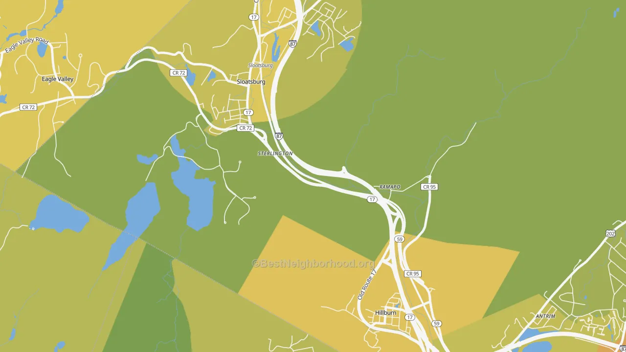 Map of the best neighborhoods in the Sterlington area, with better matches in green and worse matches in red