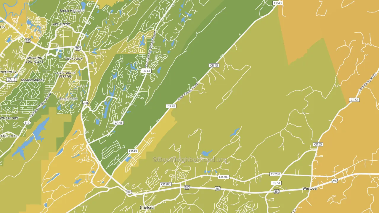 Map of the best neighborhoods in the Sterrett area, with better matches in green and worse matches in red