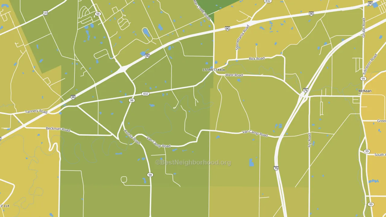 Map of the best neighborhoods in the Sterrettania area, with better matches in green and worse matches in red