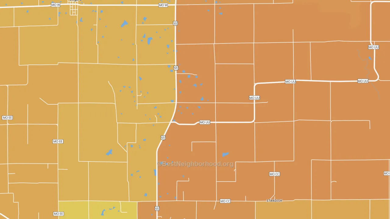 Map of the best neighborhoods in the Stet area, with better matches in green and worse matches in red