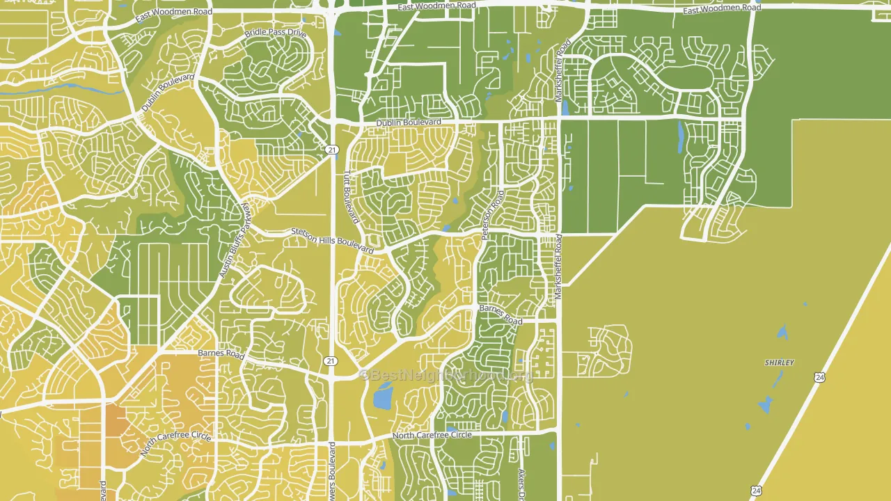 Map of the best neighborhoods in the Stetson Hills, Colorado Springs area, with better matches in green and worse matches in red