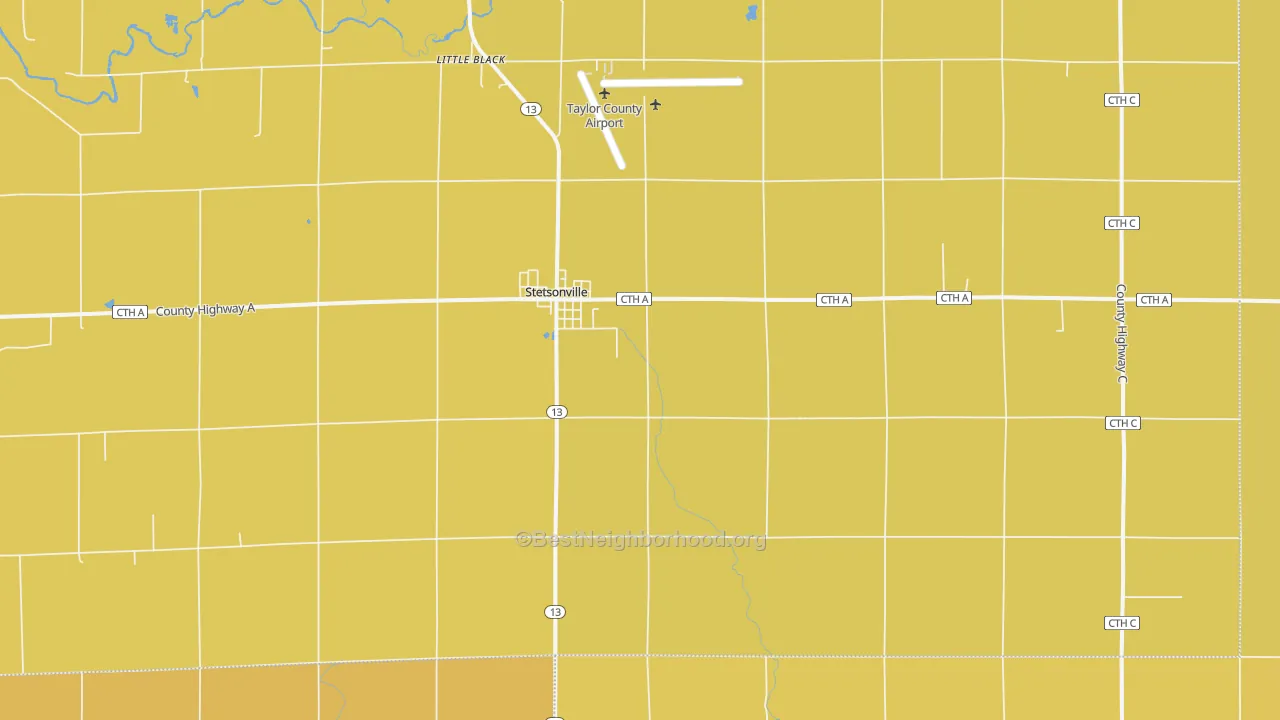 Map of the best neighborhoods in the Stetsonville area, with better matches in green and worse matches in red