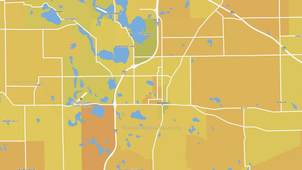 Map of the best neighborhoods in the Steuben County area, with better matches in green and worse matches in red