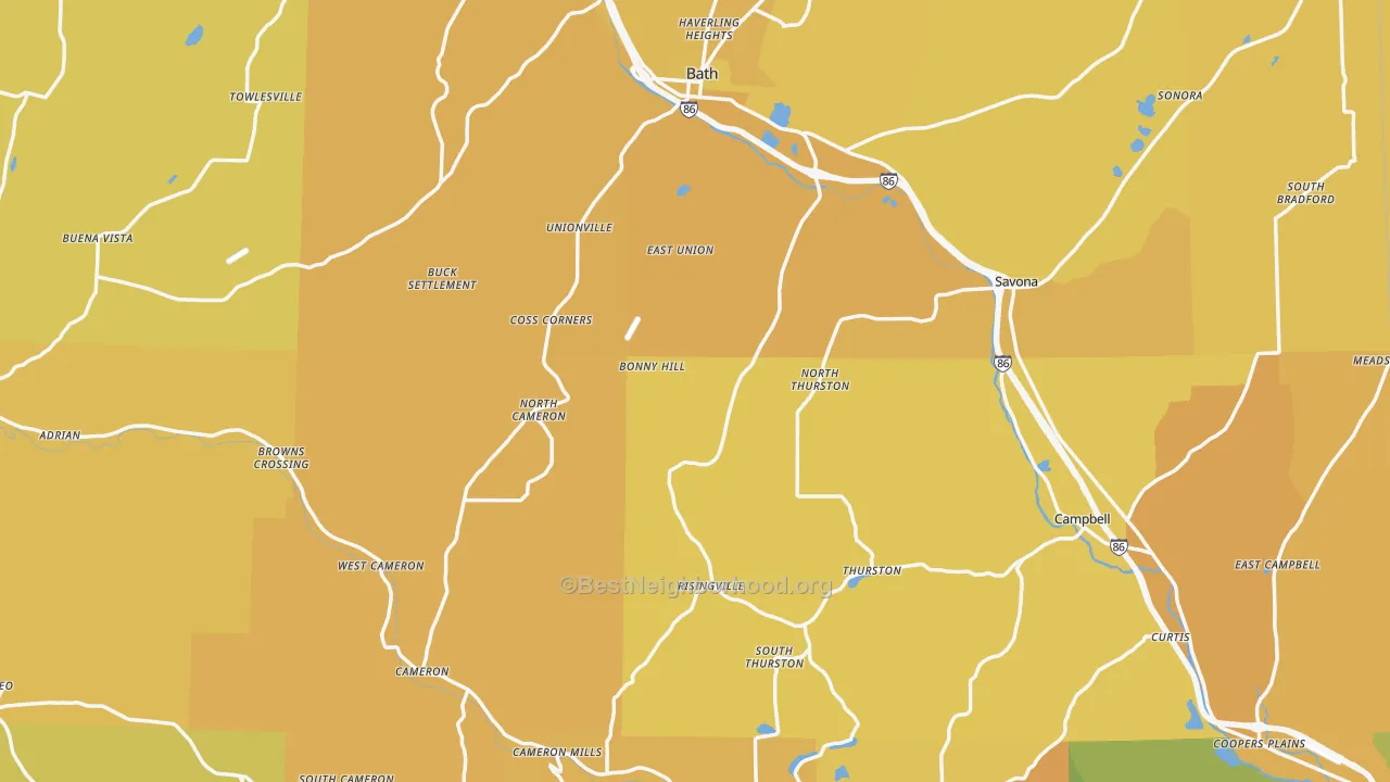 Map of the best neighborhoods in the Steuben County area, with better matches in green and worse matches in red