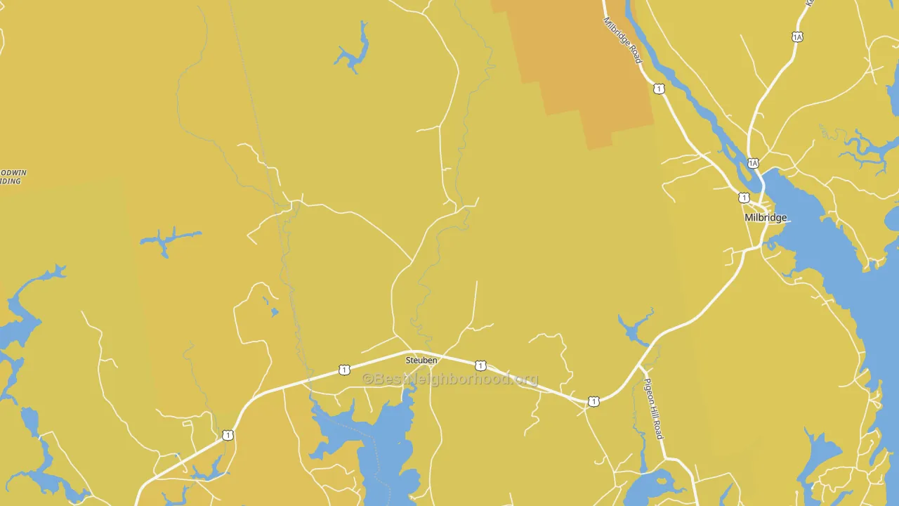 Map of the best neighborhoods in the Steuben area, with better matches in green and worse matches in red